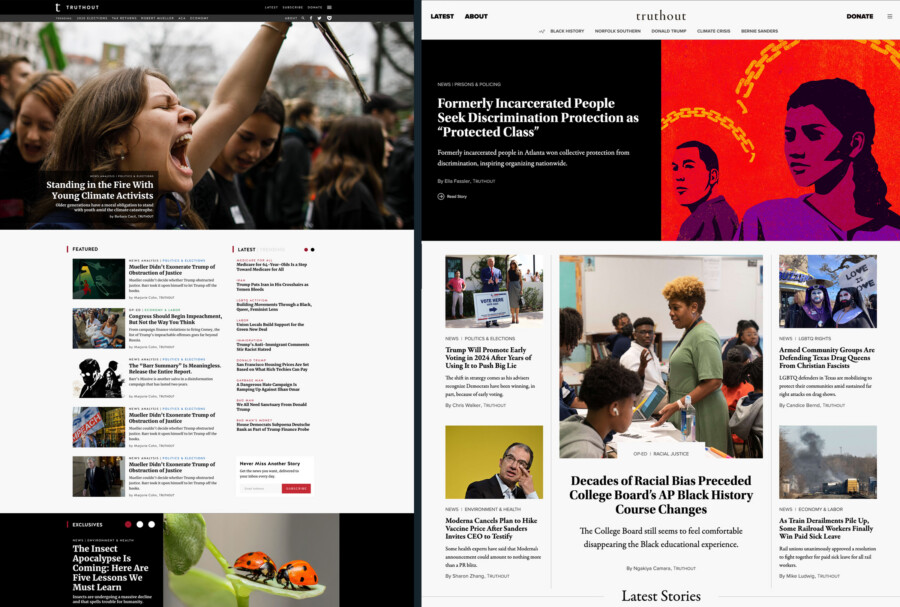 Truthout homepage before and after the redesign