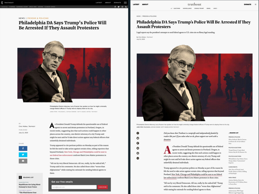 Truthout article page before and after the redesign