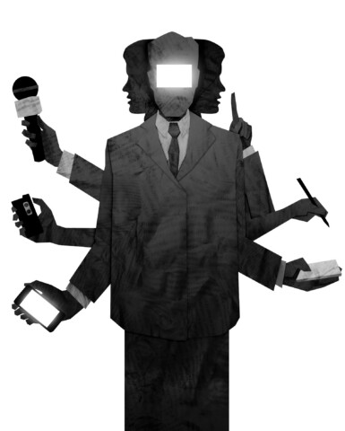 Cover illustration: multi-armed news media figure with a blank TV face