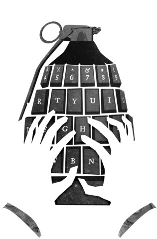 Hands typing on the typewriter keys of a grenade