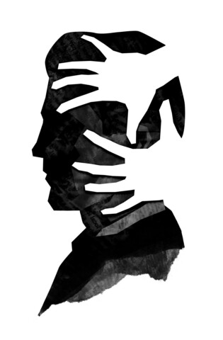 A man's profile with meddling hand silhouettes cut out of him
