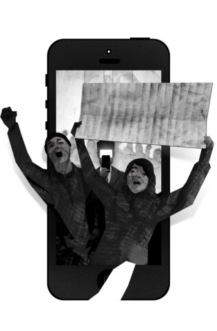 Protesters emerging out of cell phone with media figure recording in background, made of distressed newsprint