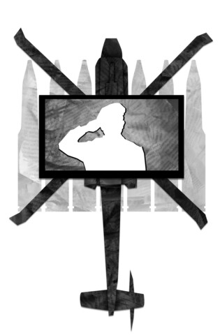 A saluting soldier silhouette on a TV over a helicopter of distressed newsprint