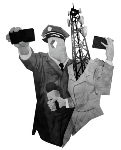 Two figures representing militarism and media taking selfies