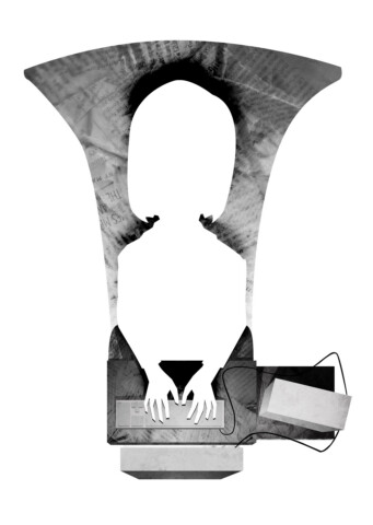 A typing silhouette over a megaphone made of distressed newsprint