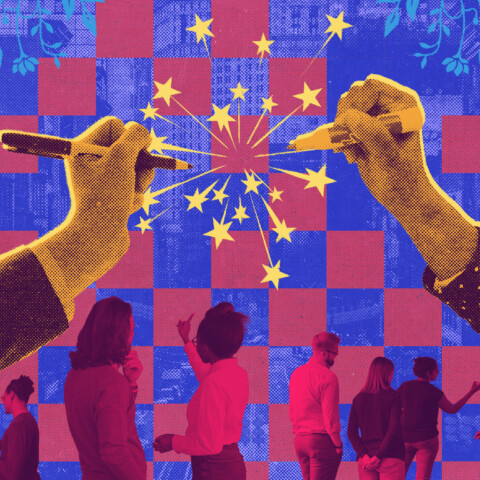 Collage of sparring hands with pens causing star-shaped sparks with a backdrop of collaborating people and partial checkerboard pattern
