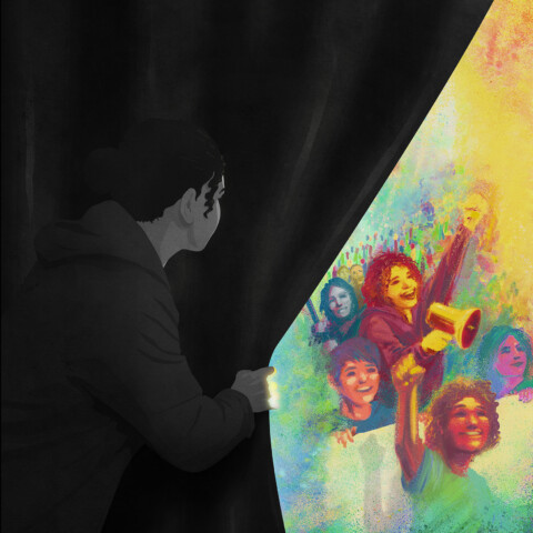 A woman in grayscale pulls back a curtain to reveal a colorful and joyful demonstration