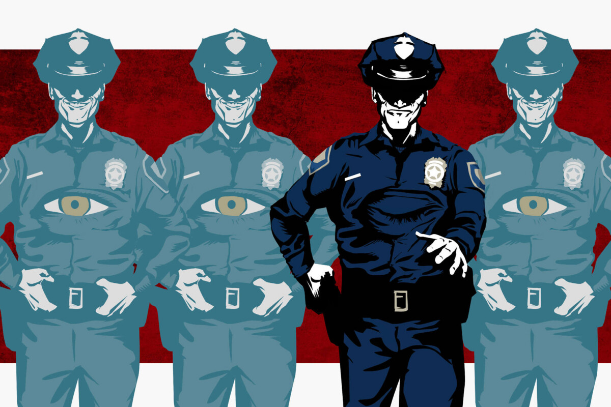 A lineup of police officers with eyes in their chests, with one approaching with the eye closed.