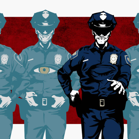 A lineup of police officers with eyes in their chests, with one approaching with the eye closed.