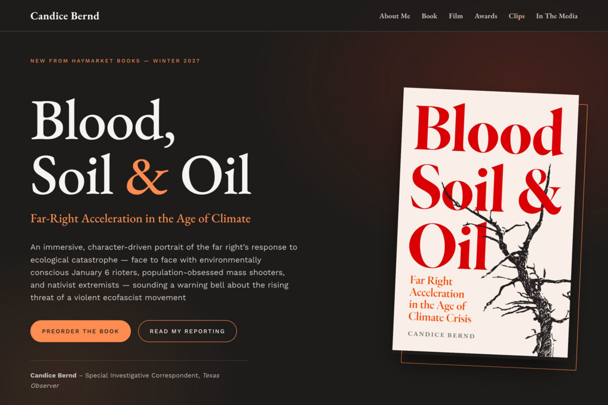 Screenshot of journalist Candice Bernd's homepage, promoting her book: Blood, Soil and Oil