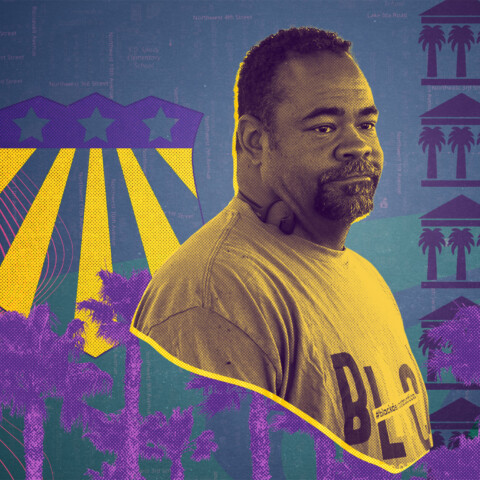 Collage featuring Alphonso Mayfield, SEIU shield, symbols of the Florida neighborhood The Set and palm trees