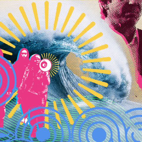 Collage of protesters with graphic outburst and wave eroding a politician's image