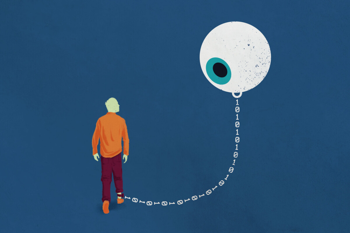 A person chained by the ankle with binary 1s and 0s to a giant floating eye
