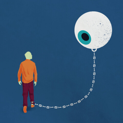 A person chained by the ankle with binary 1s and 0s to a giant floating eye