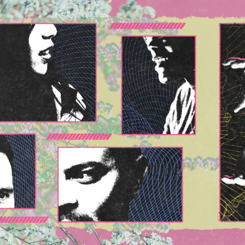 Collage of faces in boxes with wireframes and two puppeteering hands