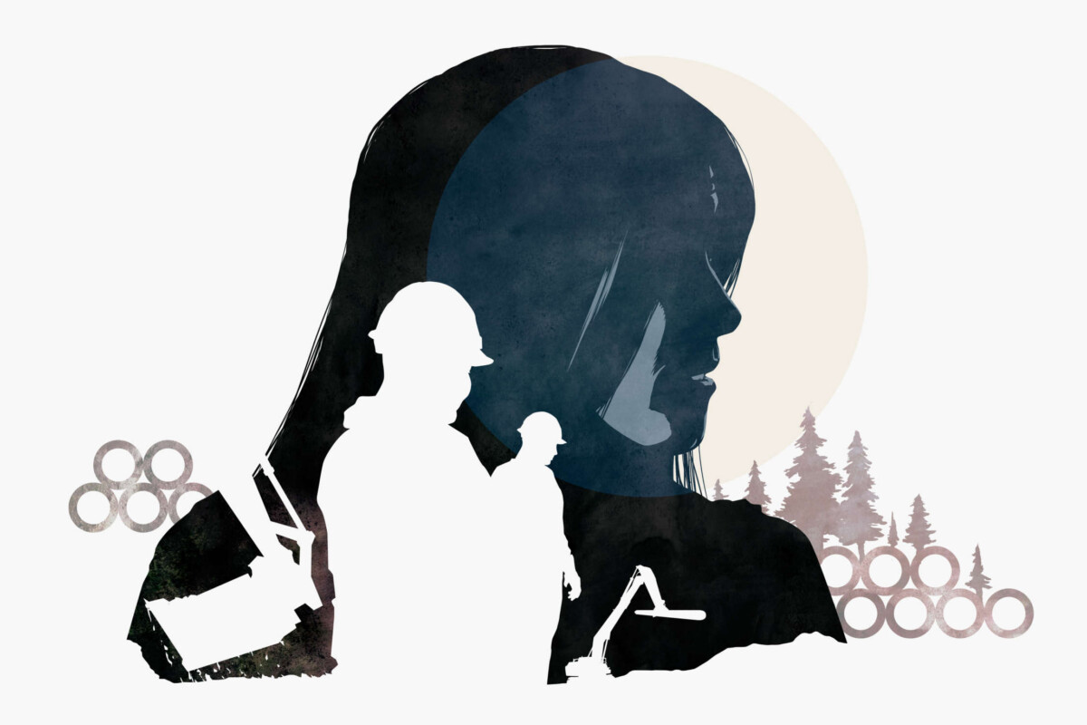 Silhouettes of construction workers and machinery cut out of profile of woman with woods and pipeline segments behind
