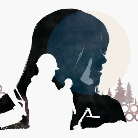 Silhouettes of construction workers and machinery cut out of profile of woman with woods and pipeline segments behind
