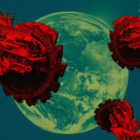 Collage with extraction machines looming over Earth with data center server cables