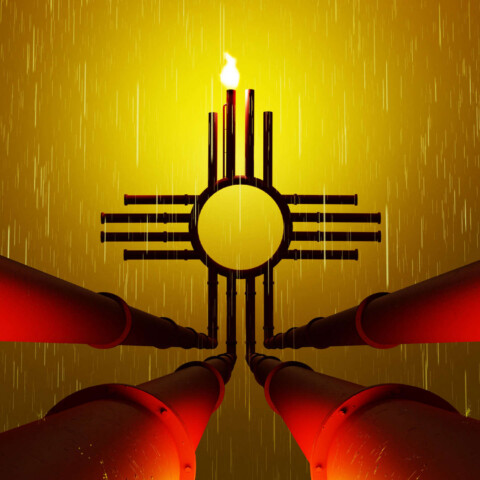 New Mexico flag design formed out of oil pipelines with a flare burning at the top and sickly rain pouring down