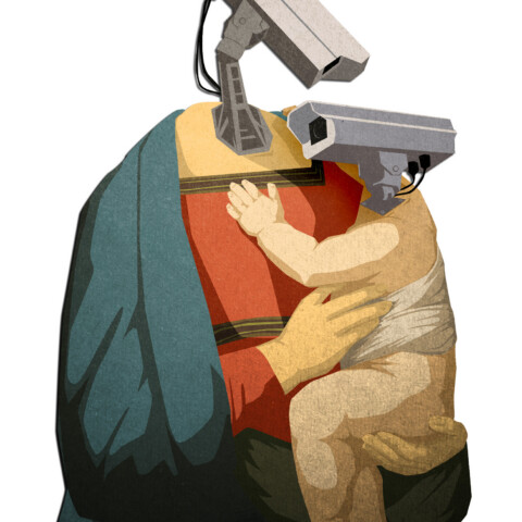 Madonna and Child image with surveillance cameras for heads