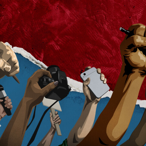 Raised fists holding tools of media and creation