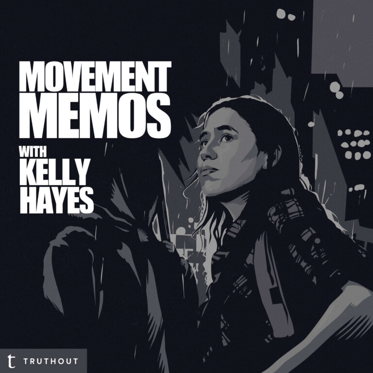 Movement Memos podcast cover — host Kelly Hayes at a rainy protest