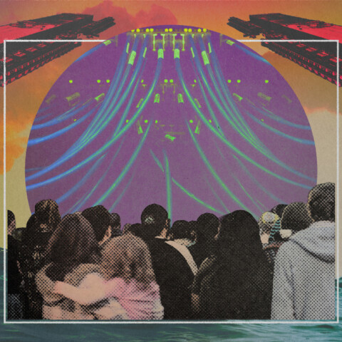 Collage of a crowd facing cables from a data center, with floating data centers and noxious smoke above and waves of water below