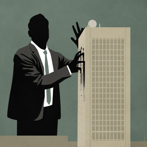 A figure in a suit representing the oil industry claims a university building, leaving oily marks on it.