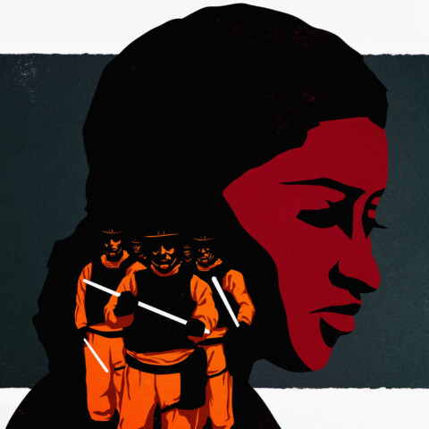 Prison guard tactical team seen within shadows of woman's profile