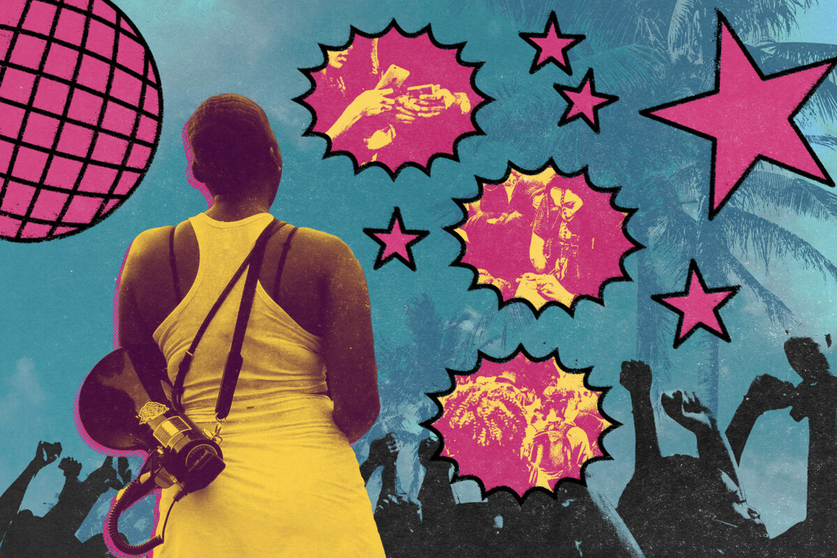 Collage with woman in foreground, megaphone over her shoulder, with stars and globes graphics and bubbles showing organizing snapshots