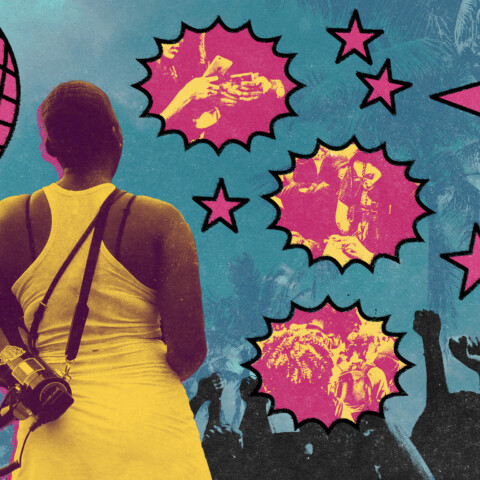 Collage with woman in foreground, megaphone over her shoulder, with stars and globes graphics and bubbles showing organizing snapshots