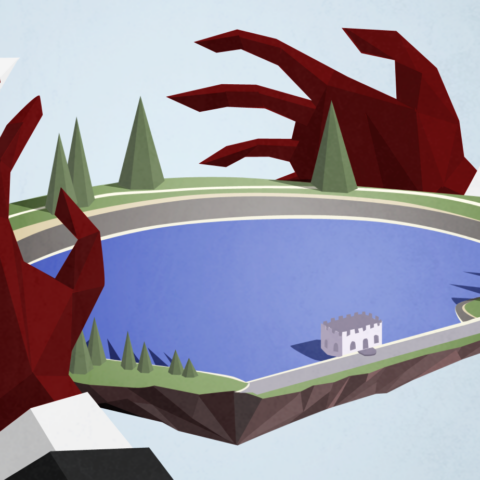 Red business hands reach to clutch the Portland water reservoir