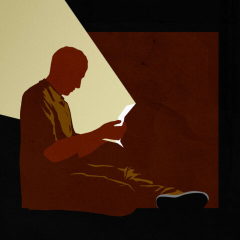 Illustration of a prisoner reading a letter that casts illumination up toward him.
