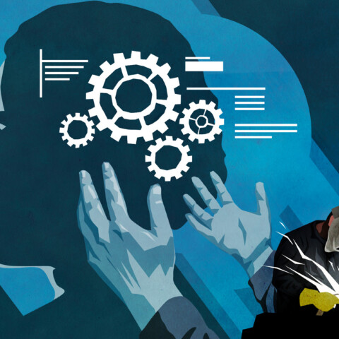 A person welds in the foreground, while the background shows hands uplifting mechanical diagrams over the silhouette of a person's profile