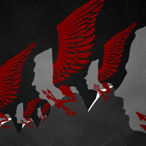 Men in suits with red right wings and talons clutching arrows emerging out the backs of their heads