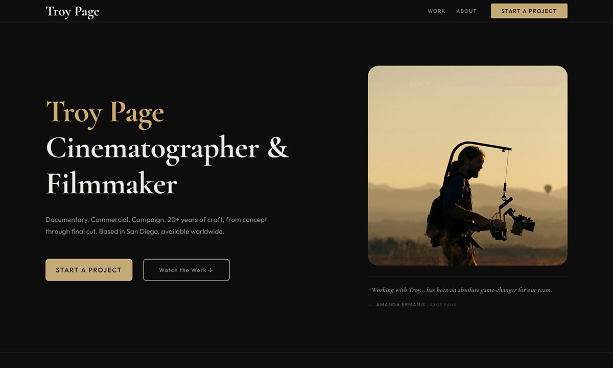 Screenshot of Troy Page's filmmaker portfolio.