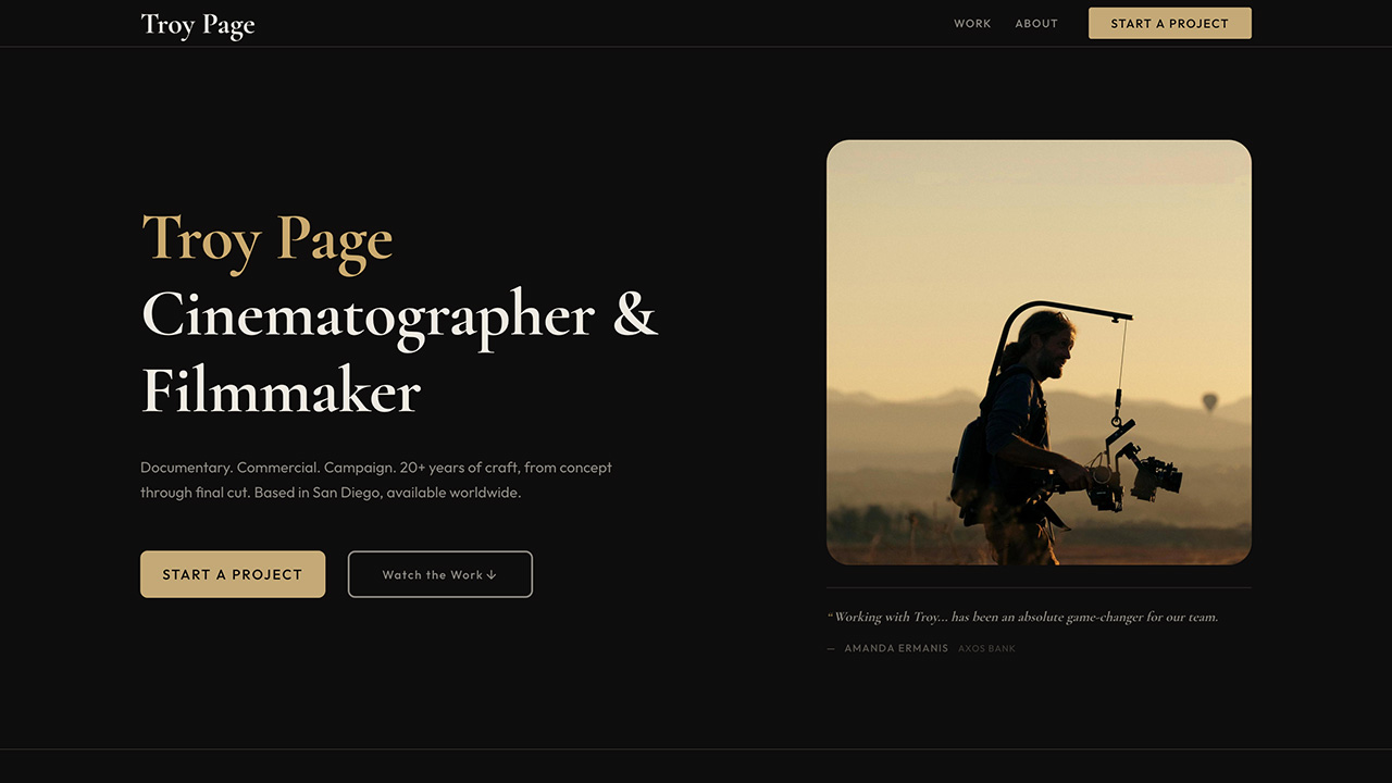 Screenshot of Troy Page's filmmaker portfolio.