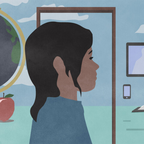 A child in an abstract landscape with an open doorway, giant globe and apple, media devices and implements