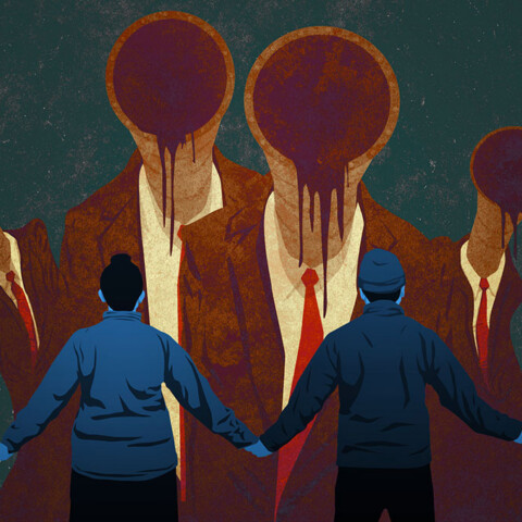 People hold hands standing against giants in suits with pipeline heads dripping oil