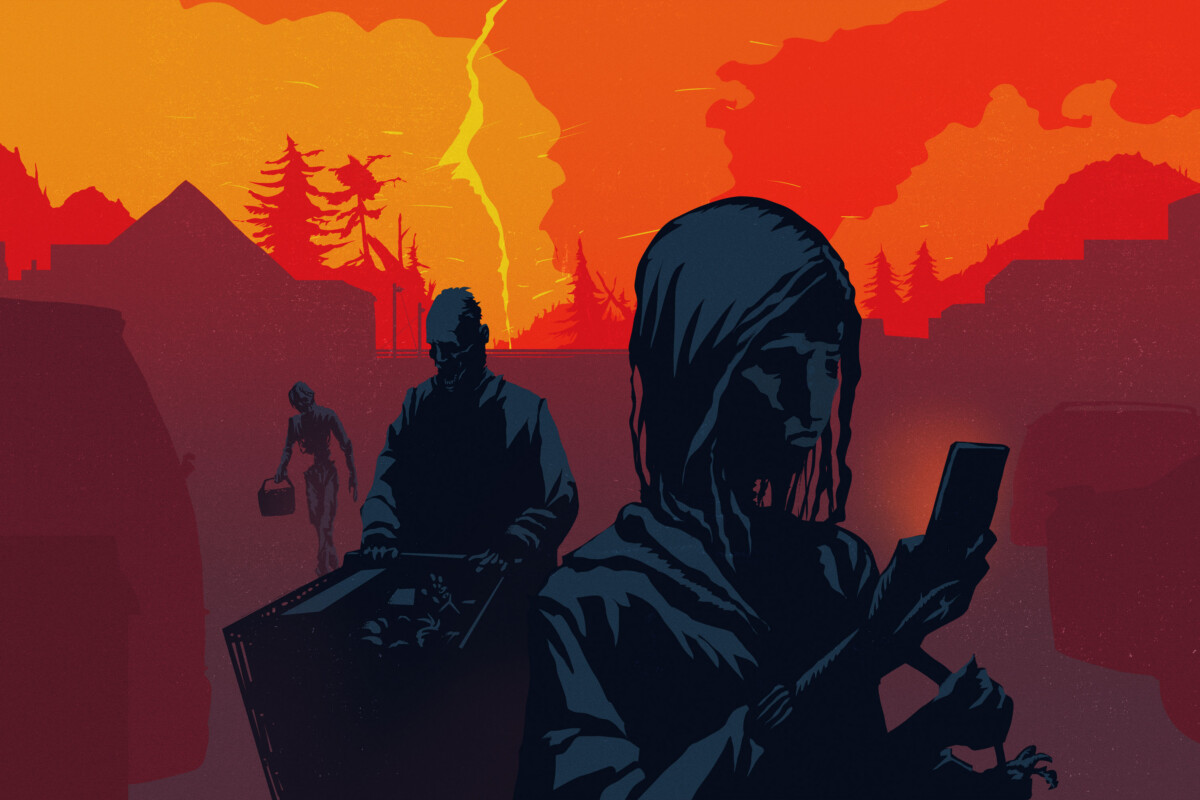 Zombies with shopping carts and baskets, one checking phone, as fire and lightning blaze in background
