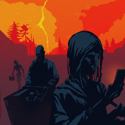 Zombies with shopping carts and baskets, one checking phone, as fire and lightning blaze in background
