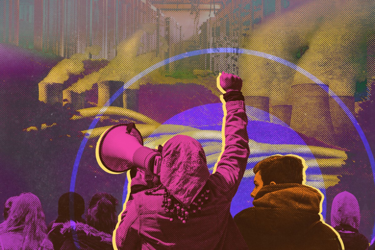 Collage of protesters facing hills overrun with data cables and power plant cooling towers with data center sky