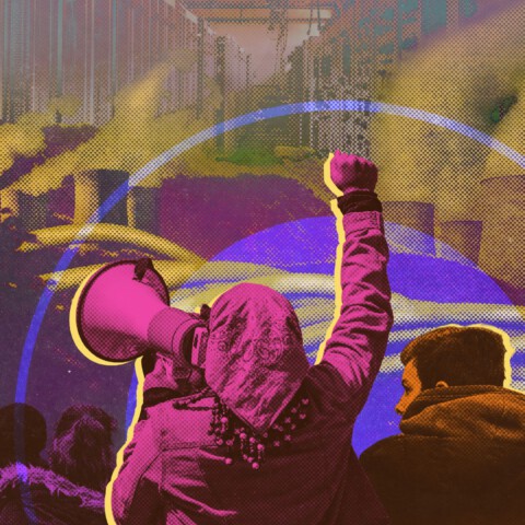 Collage of protesters facing hills overrun with data cables and power plant cooling towers with data center sky
