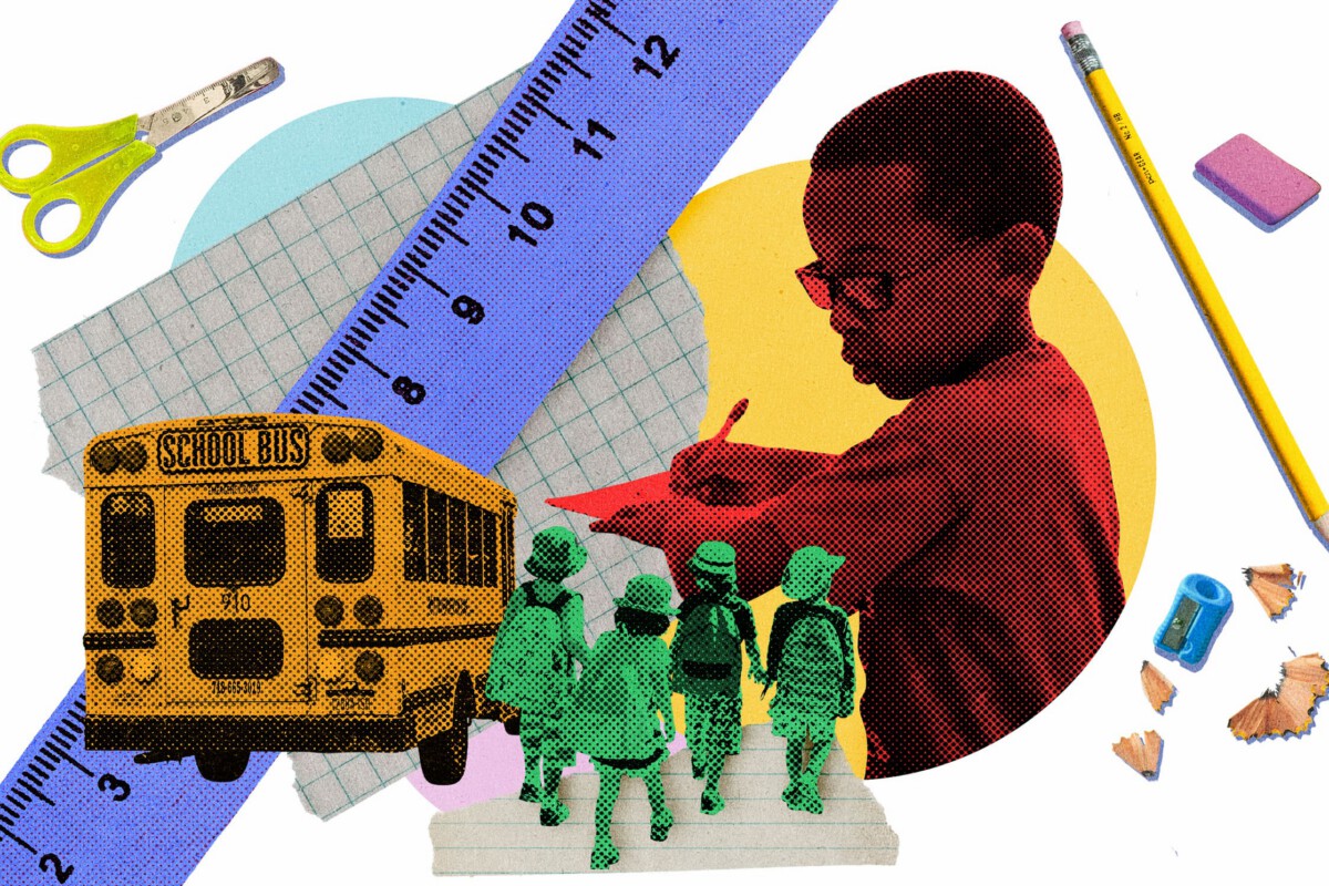 Colorful collage of school children, bus and supplies