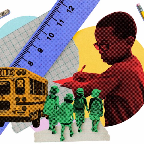 Colorful collage of school children, bus and supplies