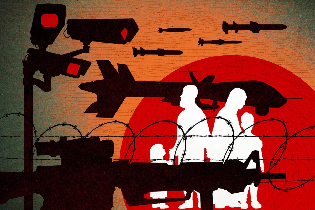 Illustration of a family caught amid surveillance and war tools