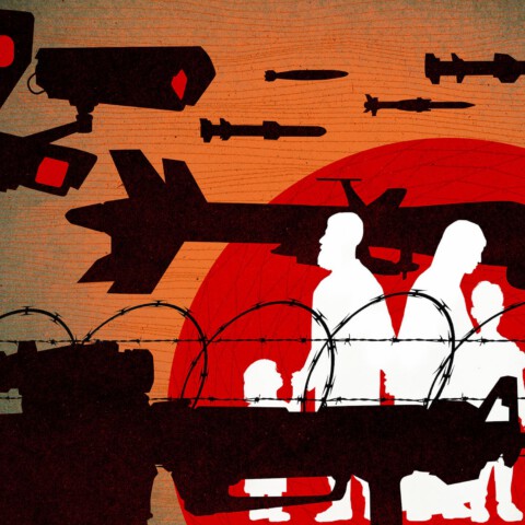 Illustration of a family caught amid surveillance and war tools